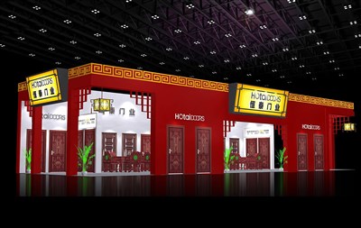 140平米展臺設計制作：三面開口/中式/木質(zhì)結構/紅色，為建材展展商而作（免費使用）