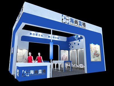 54平米展臺設計制作：三面開口/現代/木質結構/藍色，為建材展展商而作（免費使用）