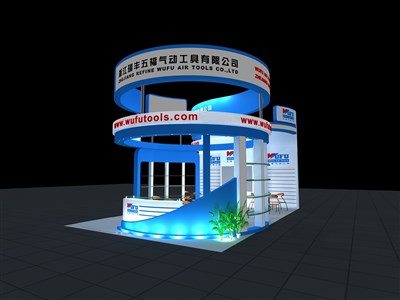 54平米展臺設計制作：三面開口/現代/木質結構/藍色，為建材展展商而作（免費使用）