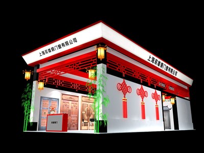90平米展臺(tái)設(shè)計(jì)制作：二面開(kāi)口/中式/木質(zhì)結(jié)構(gòu)/紅色，為建材展展商而作（免費(fèi)使用）