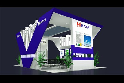 54平米展臺設計制作：四面開口/現代/木質結構/藍色，為建材展展商而作（免費使用）