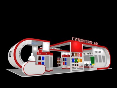 104平米展臺設(shè)計制作：三面開口/現(xiàn)代/木質(zhì)結(jié)構(gòu)/紅色，為建材展展商而作（免費使用）