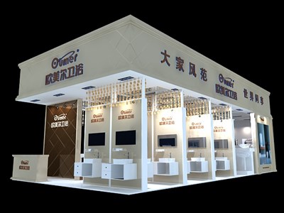 72平米展臺設(shè)計(jì)制作：三面開口/現(xiàn)代/木質(zhì)結(jié)構(gòu)/白色，為建材展展商而作（免費(fèi)使用）