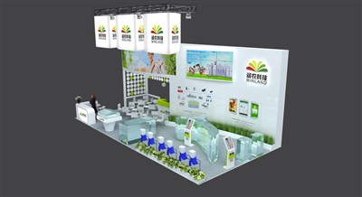 72平米展臺設計制作：三面開口/現(xiàn)代/木質結構/綠色，為電子展展商而作（免費使用）