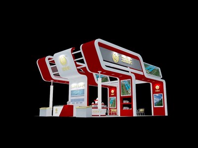 108平米展臺設(shè)計制作：四面開口/現(xiàn)代/木質(zhì)結(jié)構(gòu)/紅色，為食品展展商而作（免費使用）