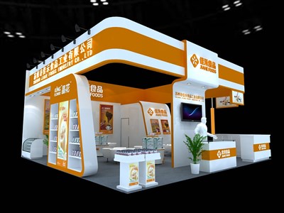 64平米展臺設(shè)計制作：三面開口/現(xiàn)代/木質(zhì)結(jié)構(gòu)/橙色，為食品展展商而作（免費使用）