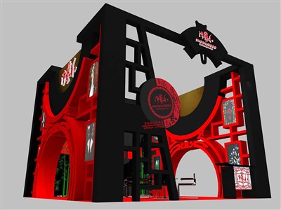 36平米展臺設(shè)計制作：三面開口/中式/木質(zhì)結(jié)構(gòu)/紅色，為食品展展商而作（免費使用）