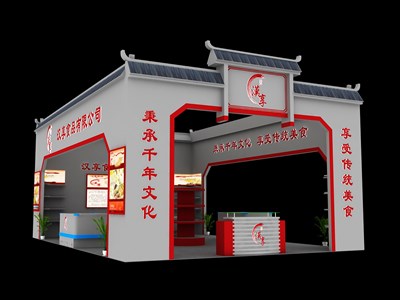 54平米展臺設(shè)計制作：三面開口/中式/木質(zhì)結(jié)構(gòu)/灰色，為食品展展商而作（免費使用）