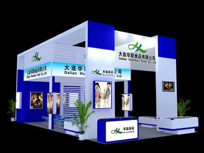 72平米展臺(tái)設(shè)計(jì)制作：三面開口/現(xiàn)代/木質(zhì)結(jié)構(gòu)/藍(lán)色，為食品展展商而作（免費(fèi)使用）