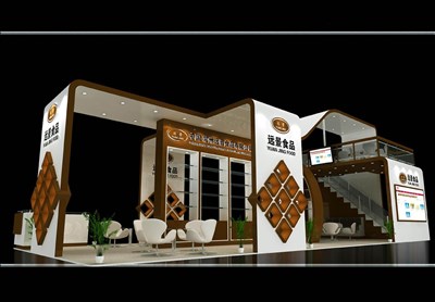 96平米展臺設(shè)計制作：三面開口/現(xiàn)代/木質(zhì)結(jié)構(gòu)/咖啡色，為食品展展商而作（免費使用）