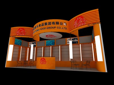 27平米展臺(tái)設(shè)計(jì)制作：一面開口/現(xiàn)代/木質(zhì)結(jié)構(gòu)/橙色，為食品展展商而作（免費(fèi)使用）