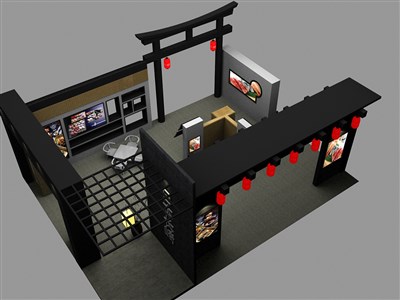 108平米展臺設計制作：四面開口/中式/木質(zhì)結構/黑色，為食品展展商而作（免費使用）