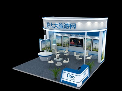 36平米展臺設(shè)計制作：三面開口/現(xiàn)代/木質(zhì)結(jié)構(gòu)/藍(lán)色，為建材展展商而作（免費(fèi)使用）