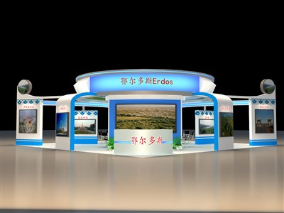 100平米展臺設(shè)計制作：四面開口/現(xiàn)代/型材結(jié)構(gòu)/藍(lán)色，為旅游展展商而作（免費使用）