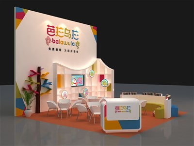 36平米展臺設計制作：三面開口/前衛(wèi)/木質結構/彩色，為文具圖書展展商而作（免費使用）