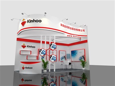 18平米展臺設計制作：二面開口/現(xiàn)代/木質結構/紅色，為醫(yī)藥展展商而作（免費使用）