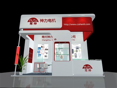 18平米展臺設(shè)計(jì)制作：三面開口/現(xiàn)代/木質(zhì)結(jié)構(gòu)/紅色，為機(jī)械展展商而作（免費(fèi)使用）