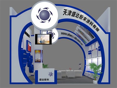 36平米展臺(tái)設(shè)計(jì)制作：二面開口/現(xiàn)代/木質(zhì)結(jié)構(gòu)/藍(lán)色，為建材展展商而作（免費(fèi)使用）