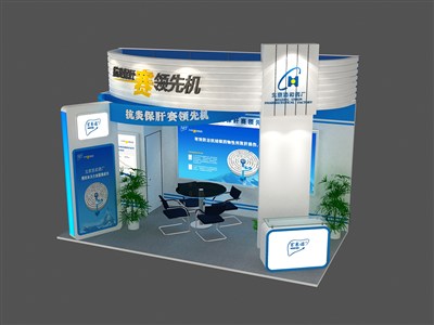 27平米展臺(tái)設(shè)計(jì)制作：三面開口/現(xiàn)代/木質(zhì)結(jié)構(gòu)/藍(lán)色，為醫(yī)藥展展商而作（免費(fèi)使用）