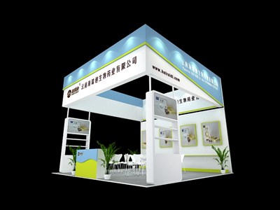 36平米展臺(tái)設(shè)計(jì)制作：三面開口/現(xiàn)代/木質(zhì)結(jié)構(gòu)/藍(lán)色，為醫(yī)藥展展商而作（免費(fèi)使用）