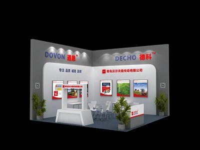 36平米展臺設計制作：二面開口/現(xiàn)代/木質(zhì)結(jié)構(gòu)/灰色，為機械展展商而作（免費使用）