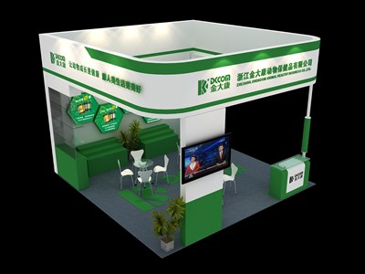 36平米展臺設計制作：三面開口/現(xiàn)代/木質結構/綠色，為食品展展商而作（免費使用）